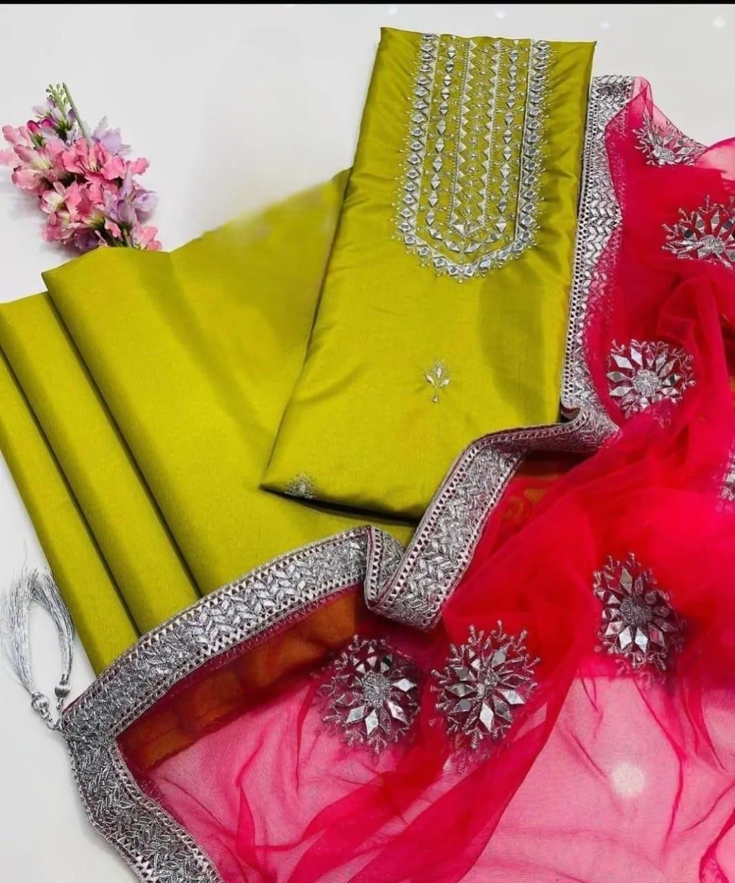 3 Pcs Women's Unstitched Sheesha Work Suit