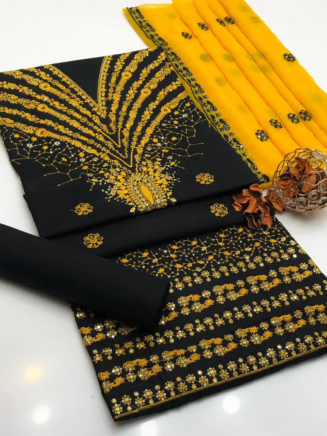 3 Pcs Women's Unstitched Sequins Embroidered Suit