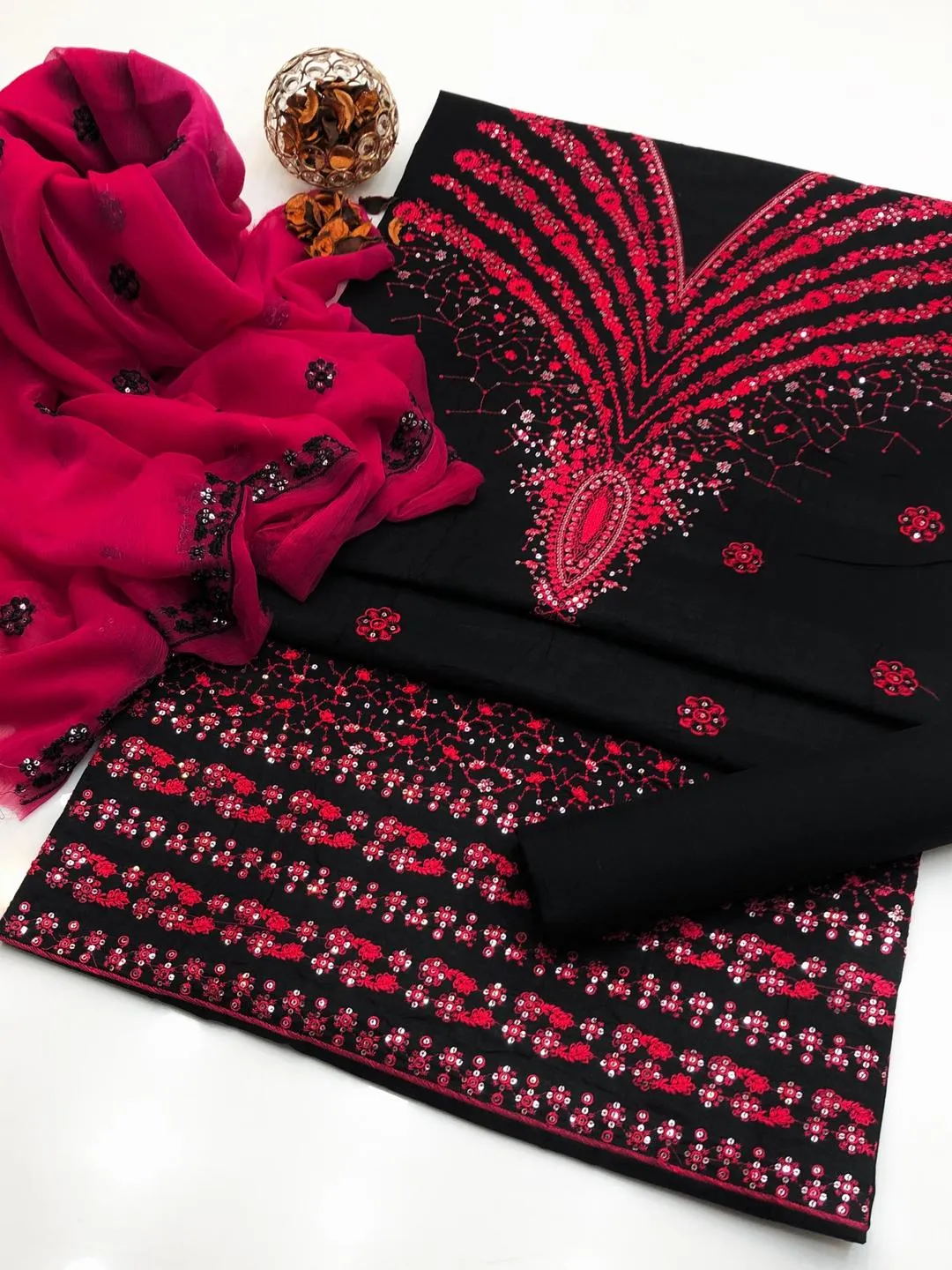 3 Pcs Women's Unstitched Sequins Embroidered Suit