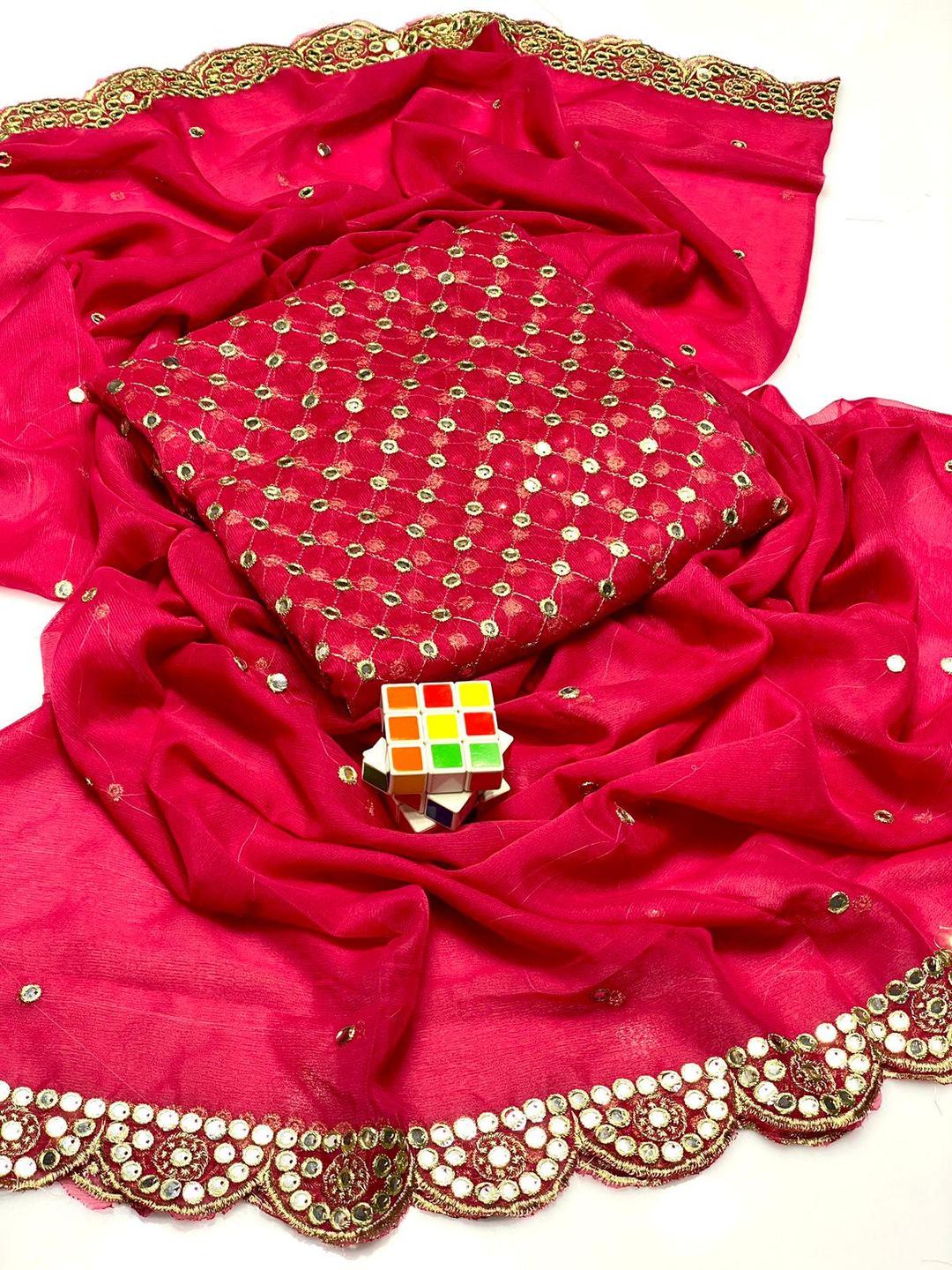 2 Pcs Women's Unstitched Chiffon Sequins Embroidered Suit