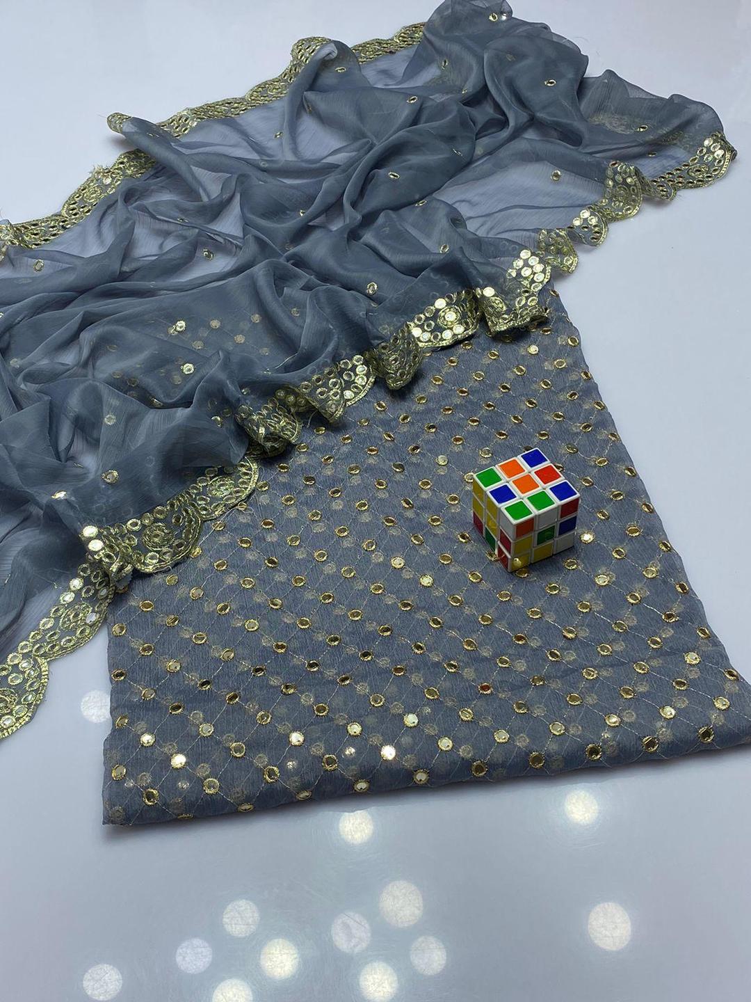 2 Pcs Women's Unstitched Chiffon Sequins Embroidered Suit