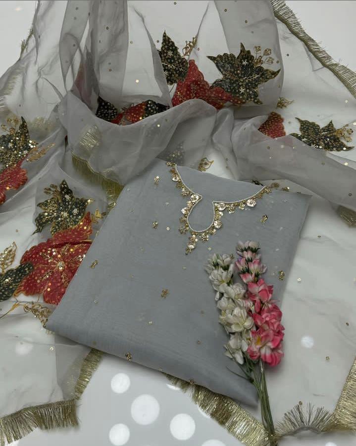 2 Pcs Women's Unstitched Zari Tilla Embroidered Suit