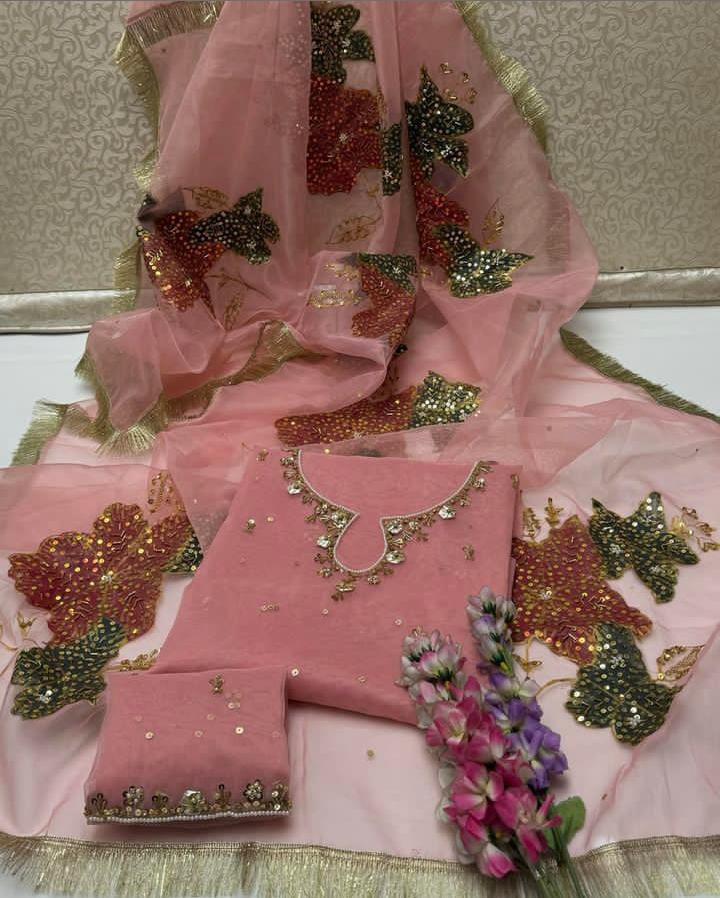 2 Pcs Women's Unstitched Zari Tilla Embroidered Suit