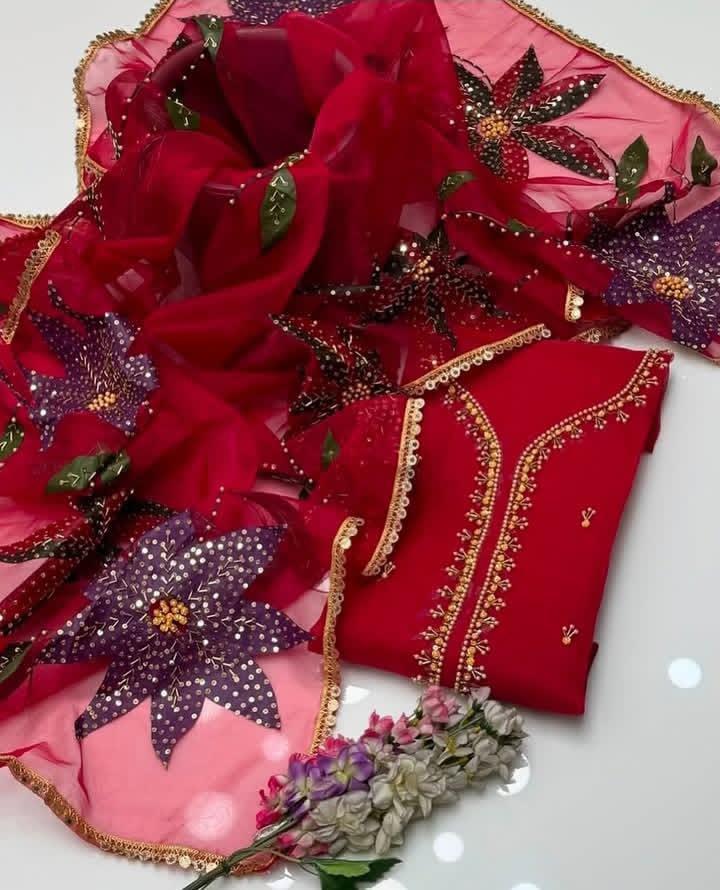 2 Pcs Women's Unstitched Zari Tilla Embroidered Suit