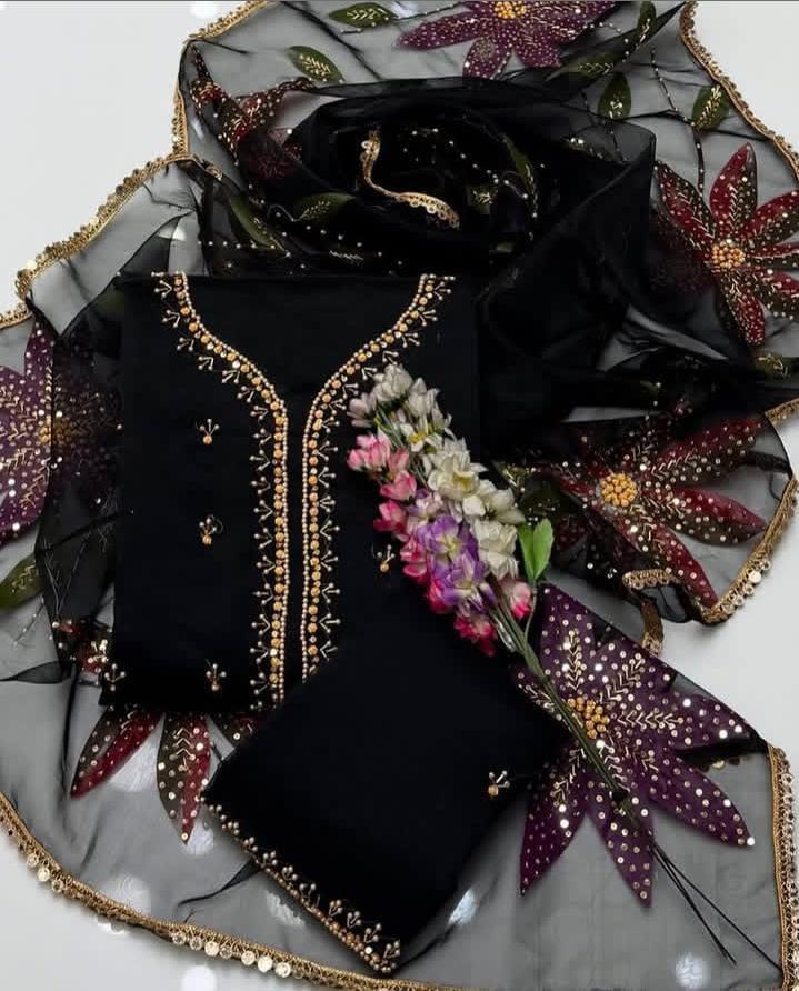 2 Pcs Women's Unstitched Zari Tilla Embroidered Suit