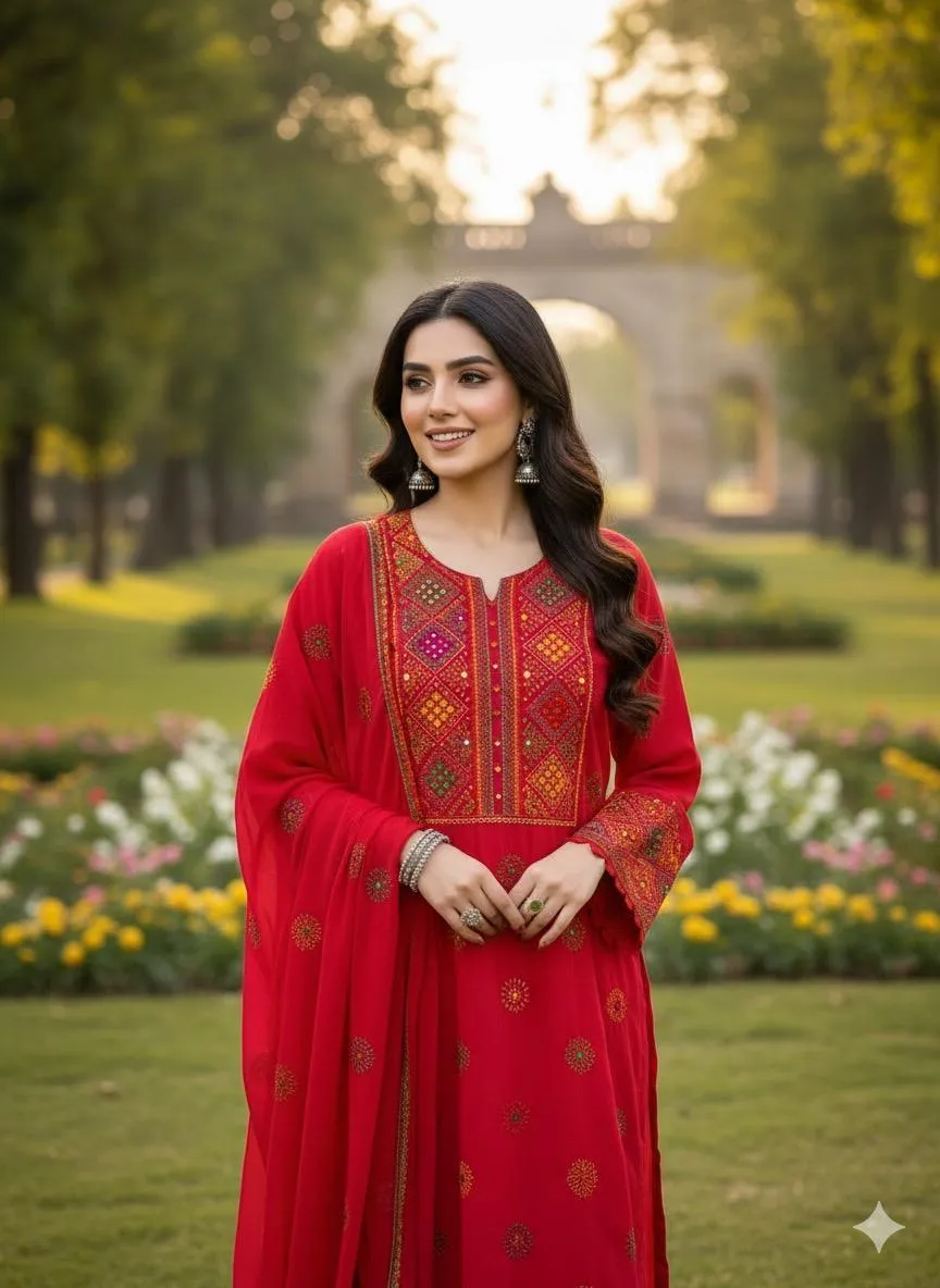 2 Pcs Women's Unstitched Sheesha Work Suit