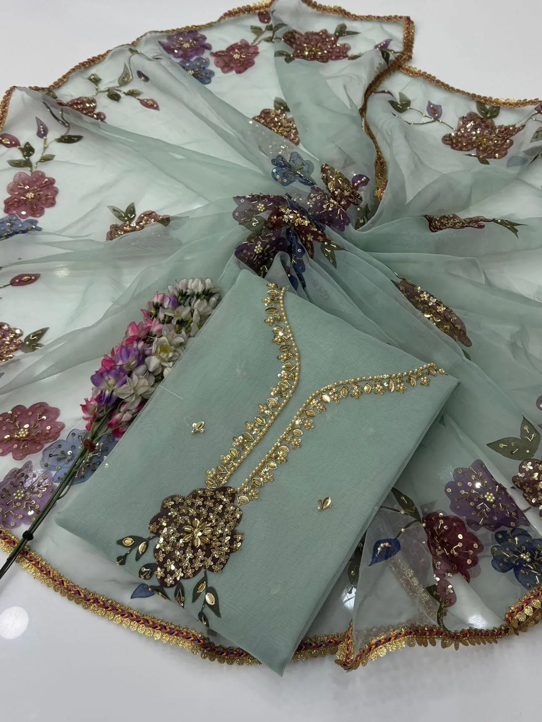 2 Pcs Women's Unstitched Sequins Embroidered Suit