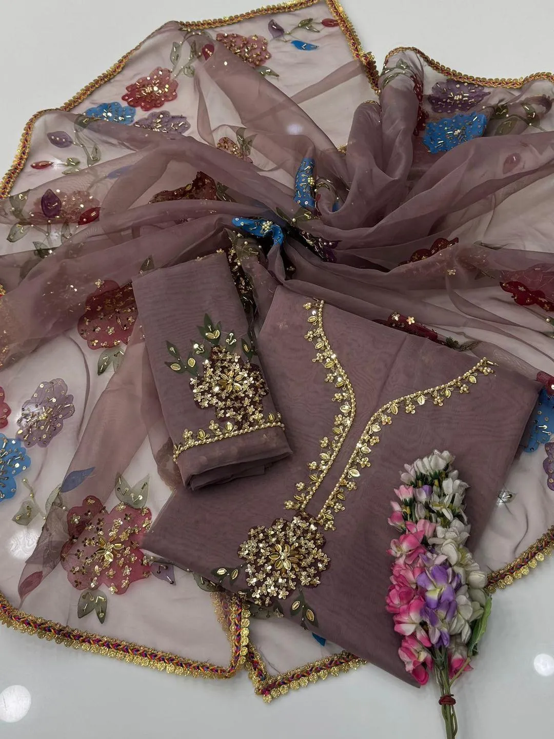 2 Pcs Women's Unstitched Sequins Embroidered Suit