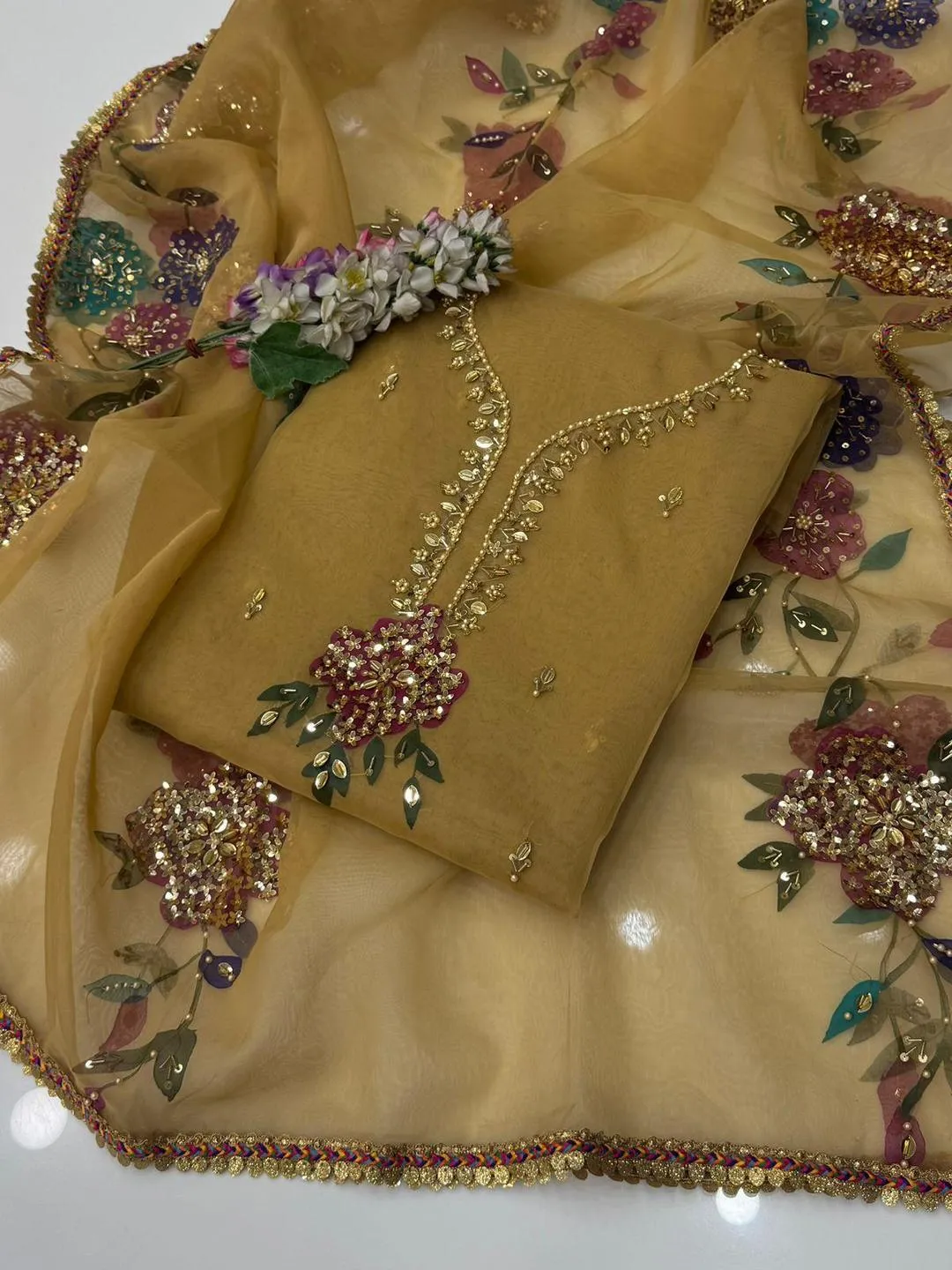 2 Pcs Women's Unstitched Sequins Embroidered Suit