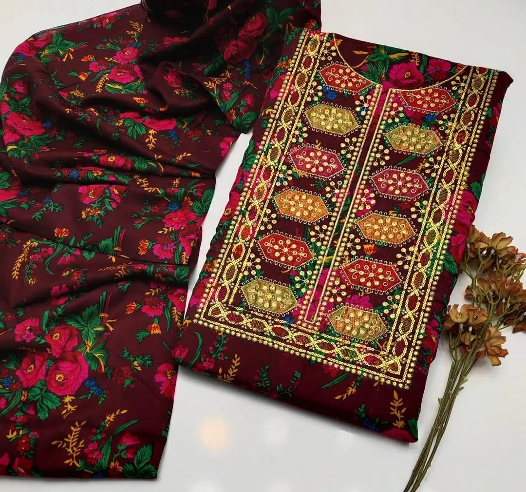 2 Pcs Women's Unstitched Sequins Embroidered Suit