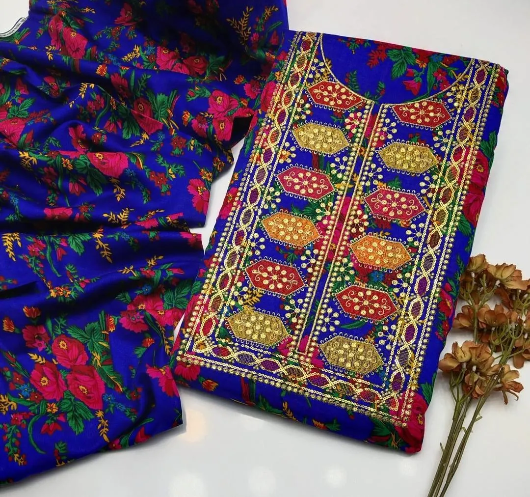 2 Pcs Women's Unstitched Sequins Embroidered Suit