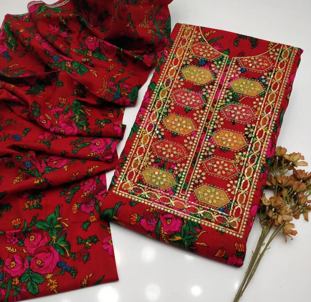 2 Pcs Women's Unstitched Sequins Embroidered Suit