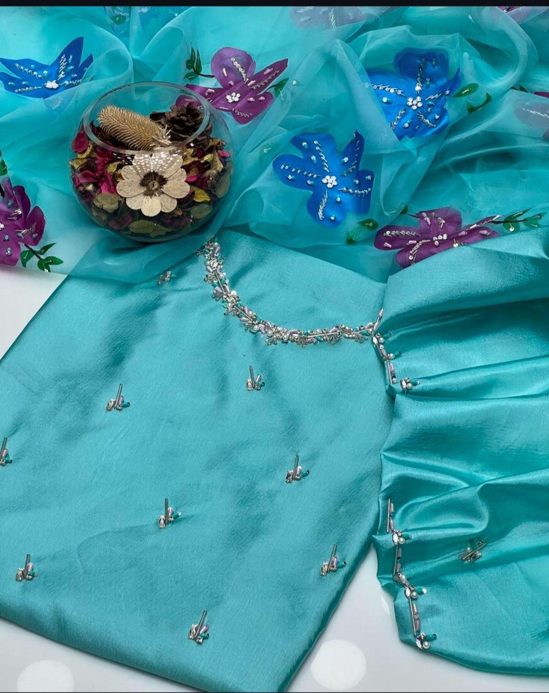 3 Pcs Women's Unstitched Katan Silk Zari Tilla Suit