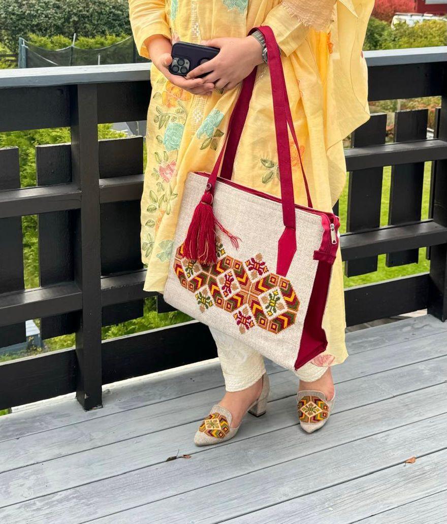 Women's Cross-Stitched Jute Handbag and Sandal Heels