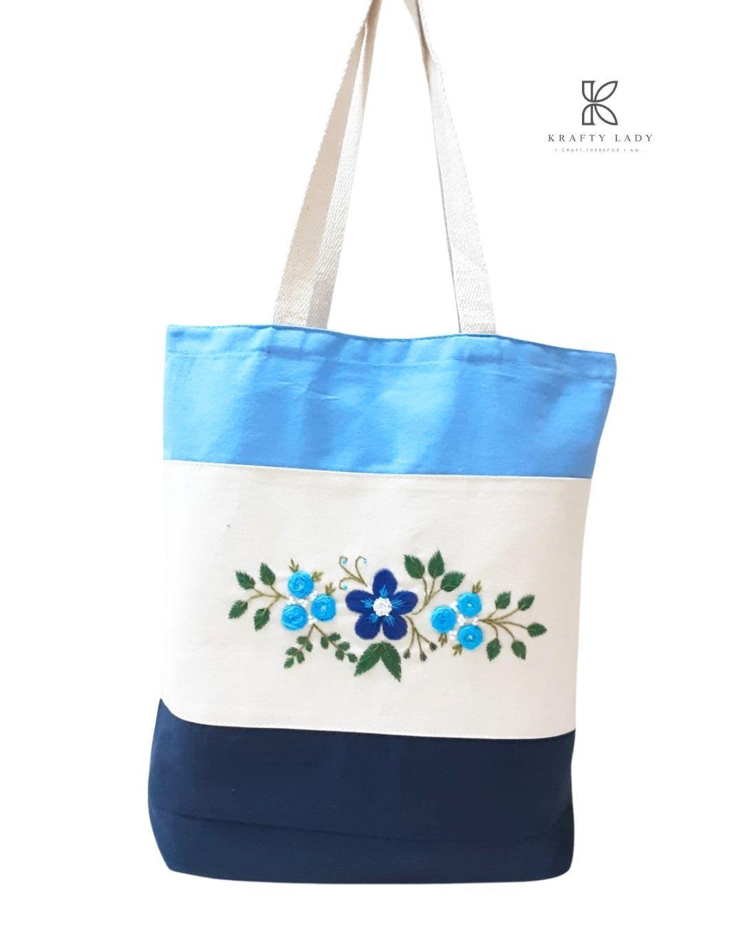 Stylish Women's Embroidered Jute Tote Bag - 1 Pc in Vibrant Blue