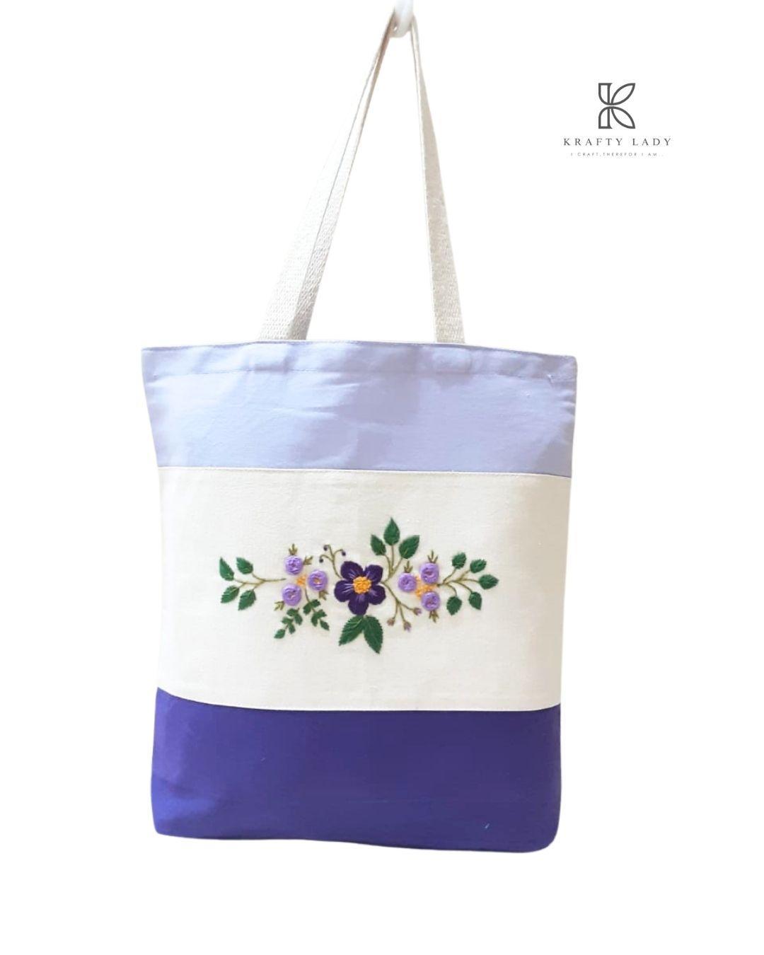 Women's Jute Embroidered Tote Bags: Lavender Bloom Handmade Tote Bag 
