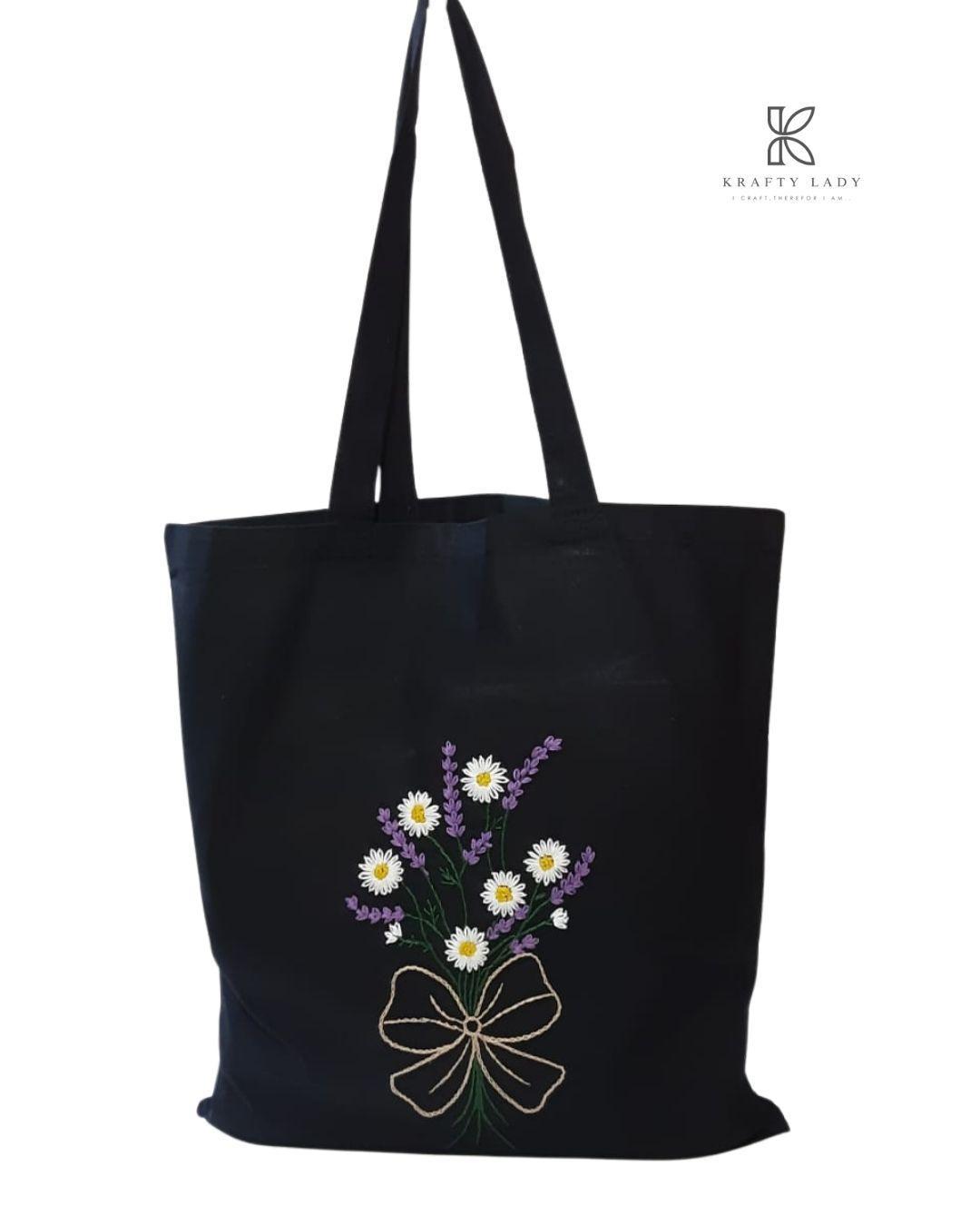 Women's Cotton Embroidered Tote Bags: The Midnight Daisy and the daylight Bouquet handmade Tote Bag