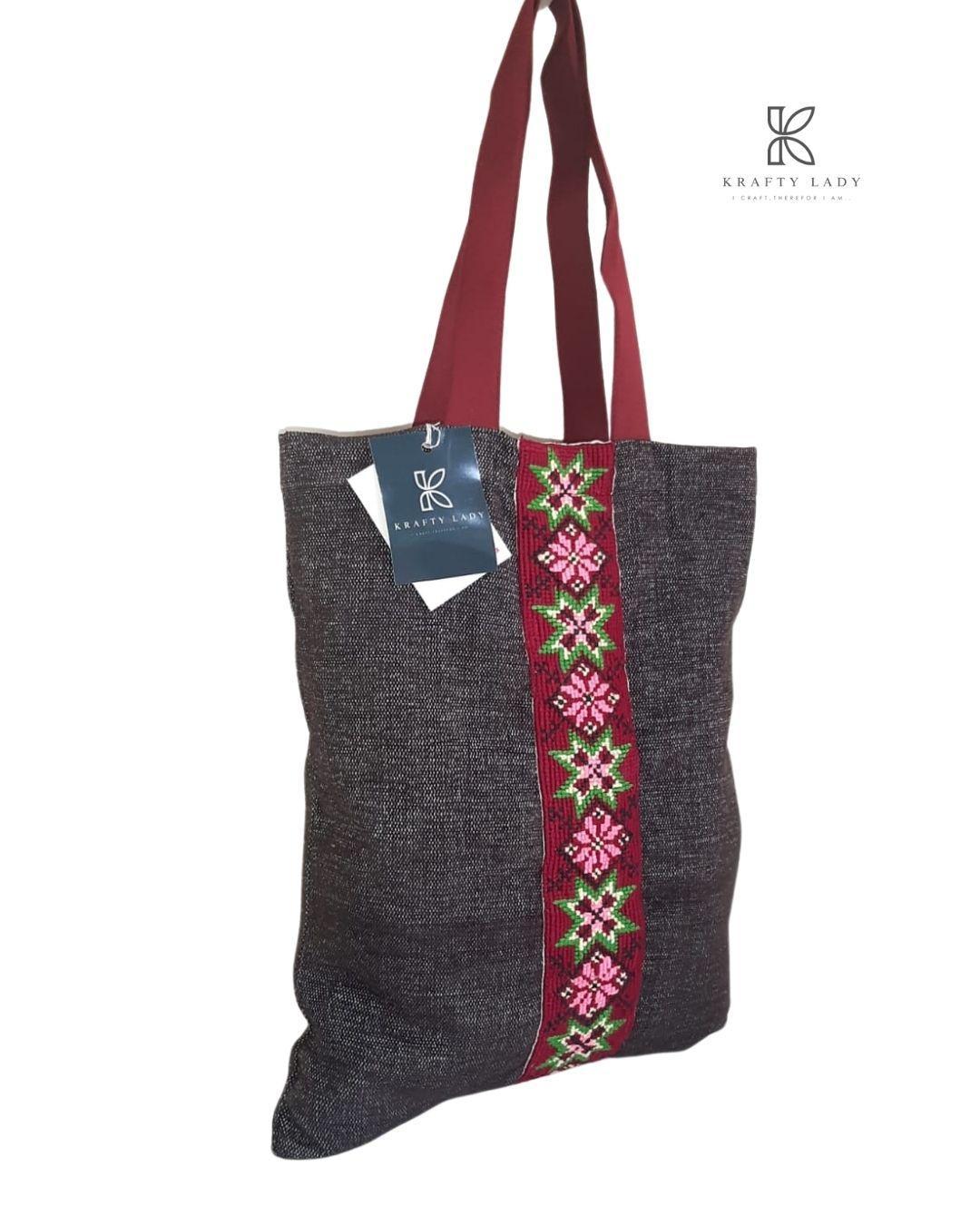 Women's Jute Embroidered Tote Bags: Vibrant cross stitched embroidery Handmade tote bag