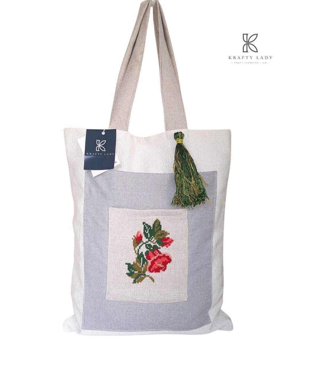 Stylish Women's Silver Embroidered Velvet Tote Bag - 1 Pc