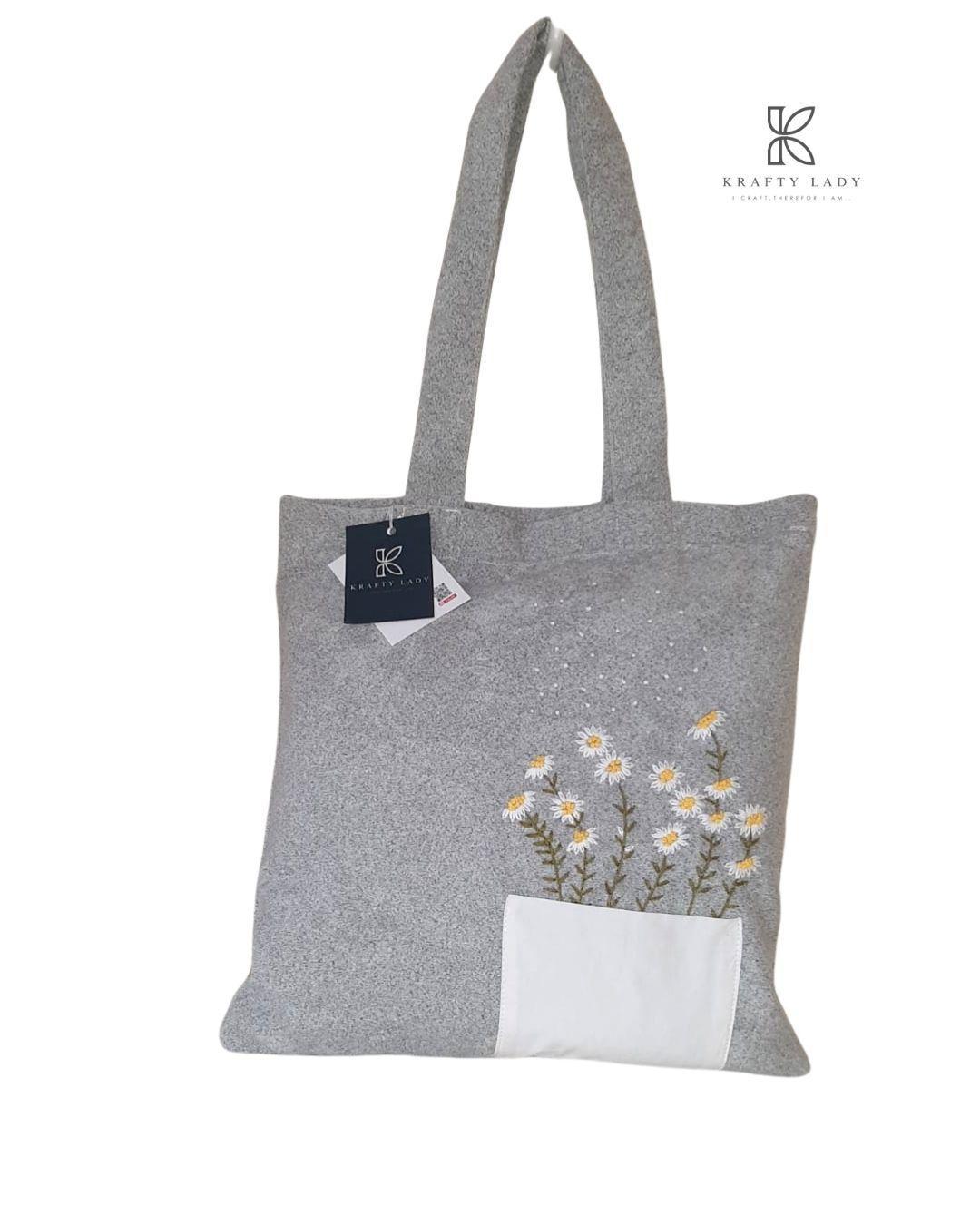 Elegant Women's Embroidered Velvet Tote Bag - 1 Pc in Grey