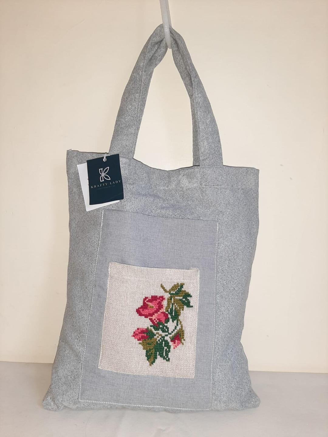 Women's Velvet Embroidered Tote Bags: Red Floral cross stitched handmade triple pockets tote bag 