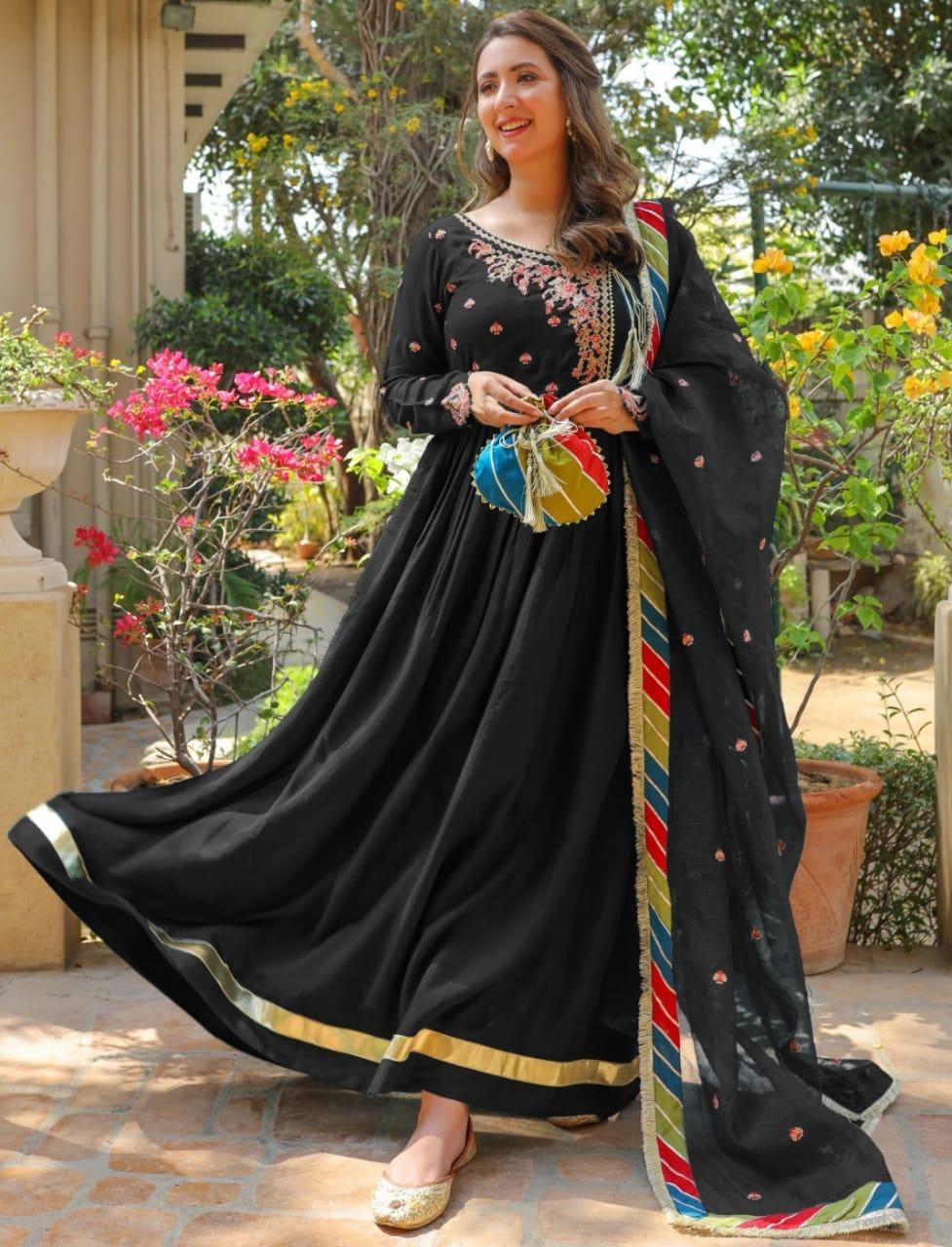 Black Shalmose Silk Embroidered Maxi Suit - 4 Pcs Ensemble for Women