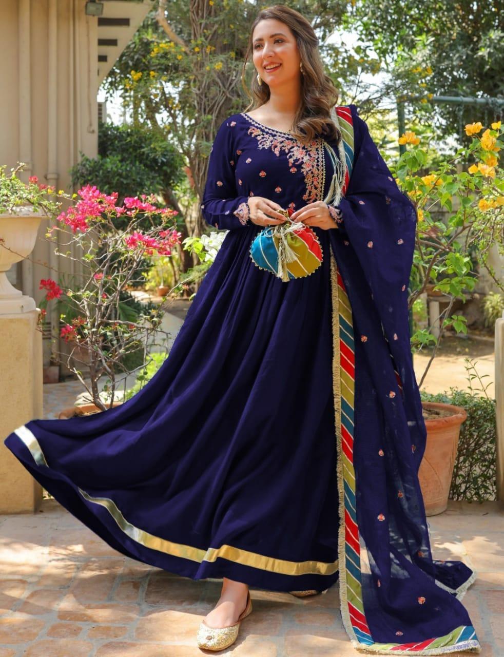 Exquisite Blue Shalmose Silk Maxi Suit - 4 Pcs Embroidered Ensemble