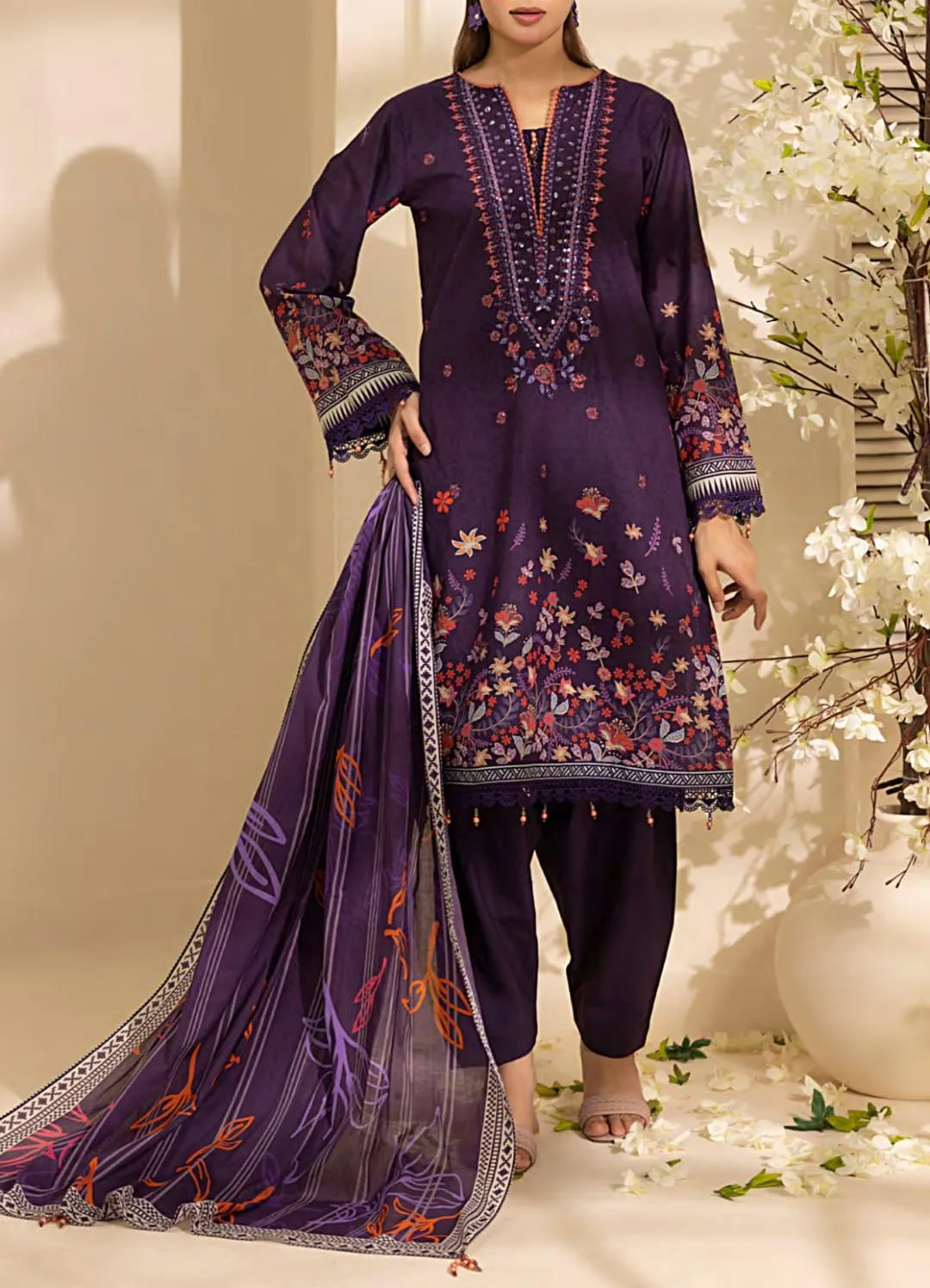 3 Pcs Women's Unstitched Printed Embroidered Suit