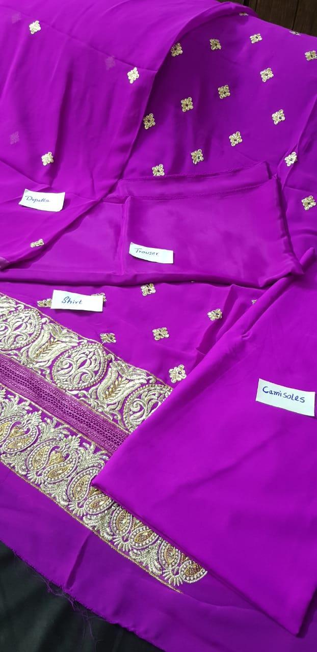 Exquisite Purple Embroidered Suit - 3 Pcs Set in Banarsi Fabric