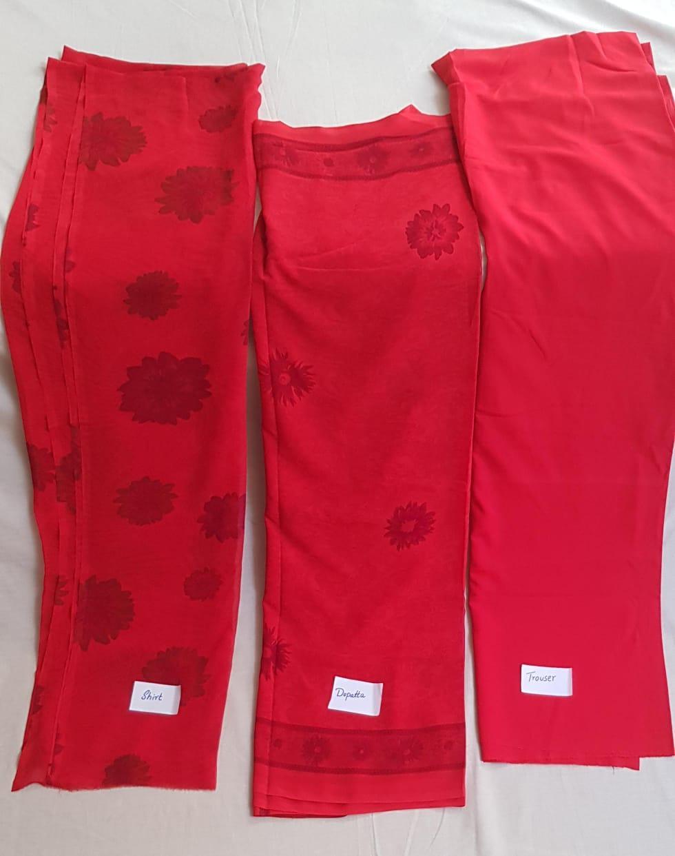 Luxurious Red Silk Suit - 3 Pcs Printed Ensemble