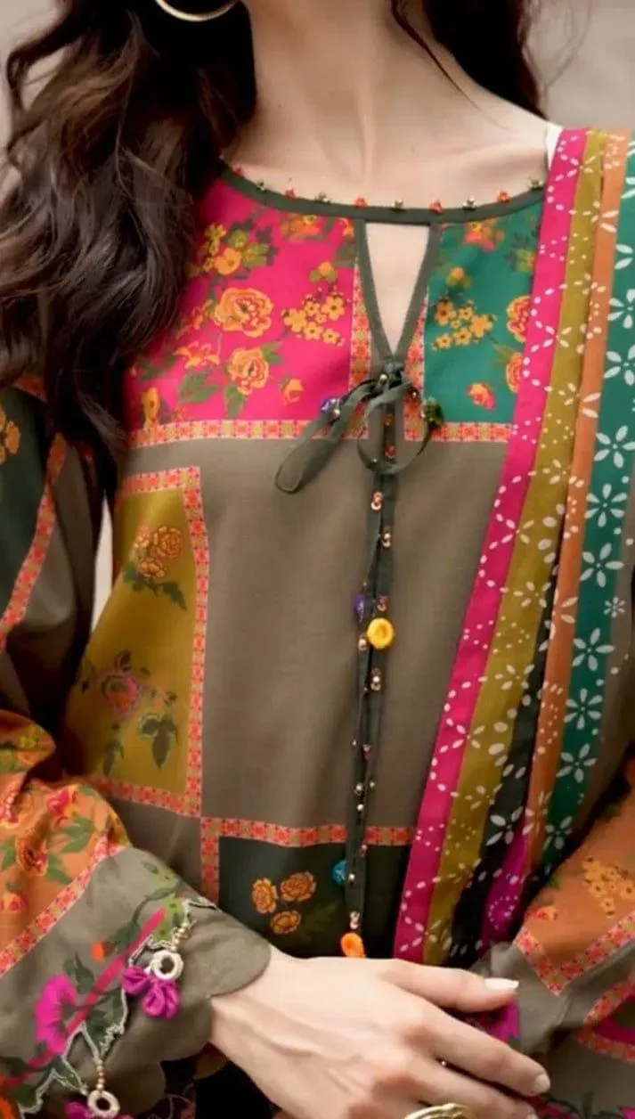 Stylish Printed Lawn Suit - 3 Pcs Set with V-Neck Design