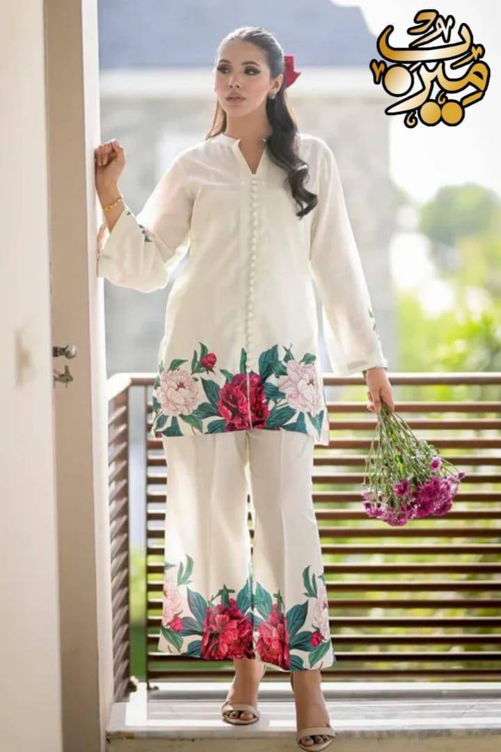 2 Pcs Women's Stitched Silk Printed Shirt And Trouser