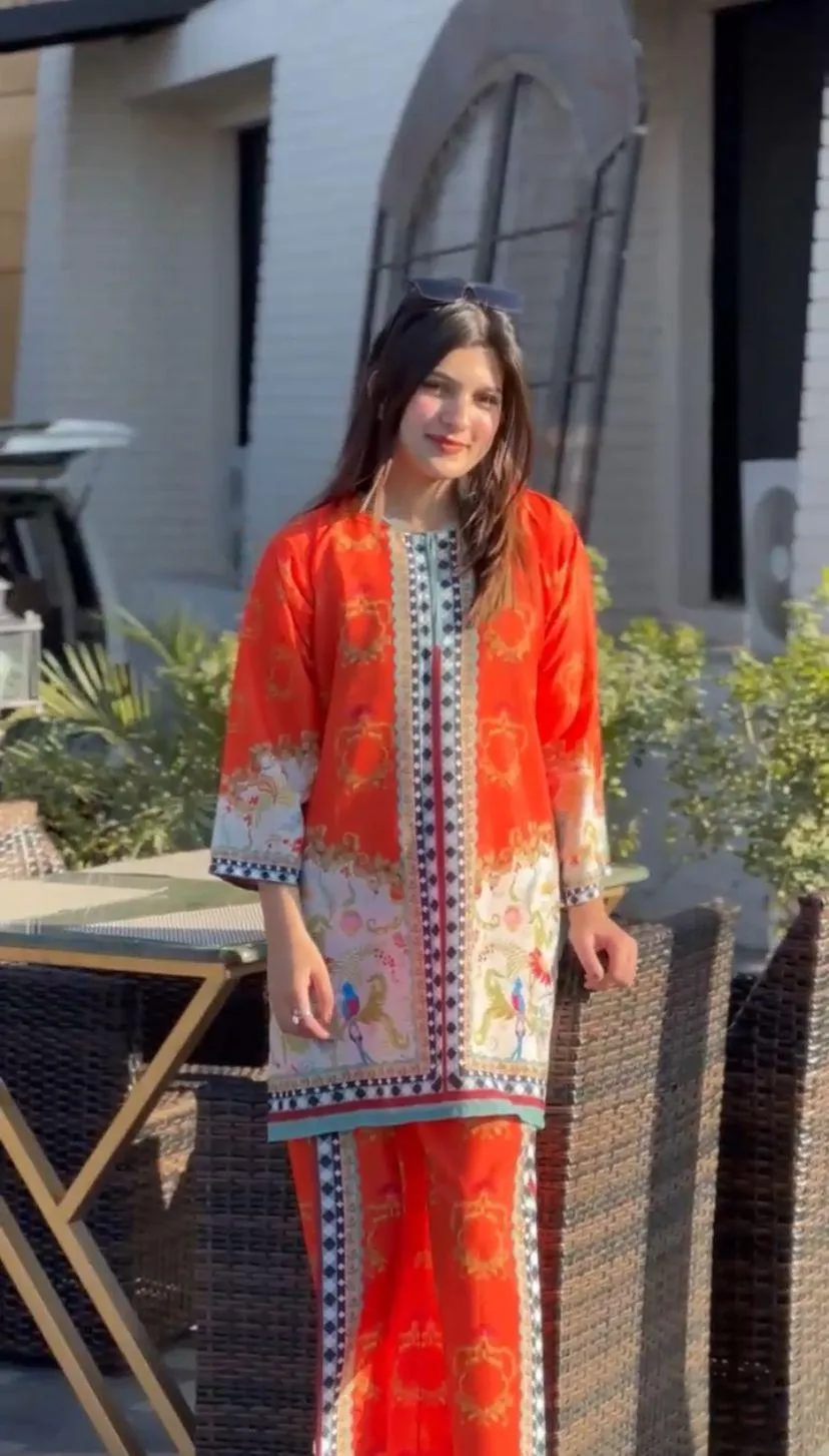 2 Pcs Women's Stitched Cotton Lawn Printed Shirt And Trouser