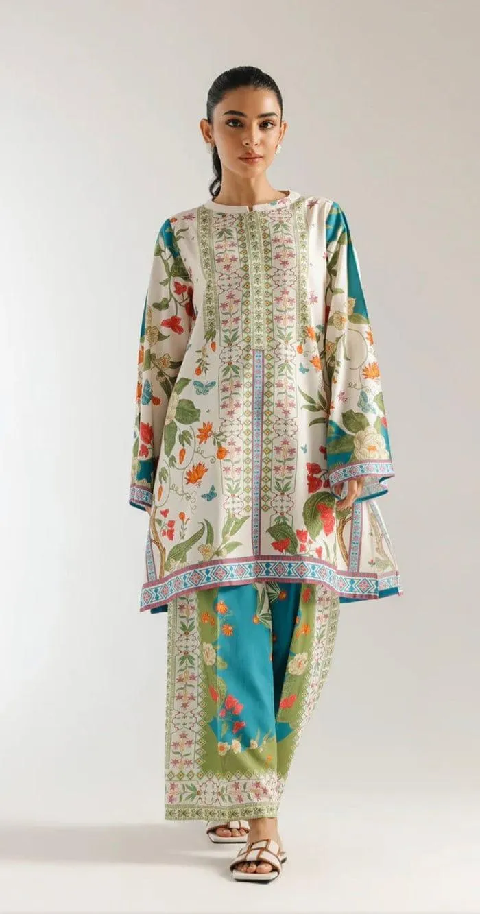 2 Pcs Women's Stitched Swiss Lawn Printed Shirt And Trouser