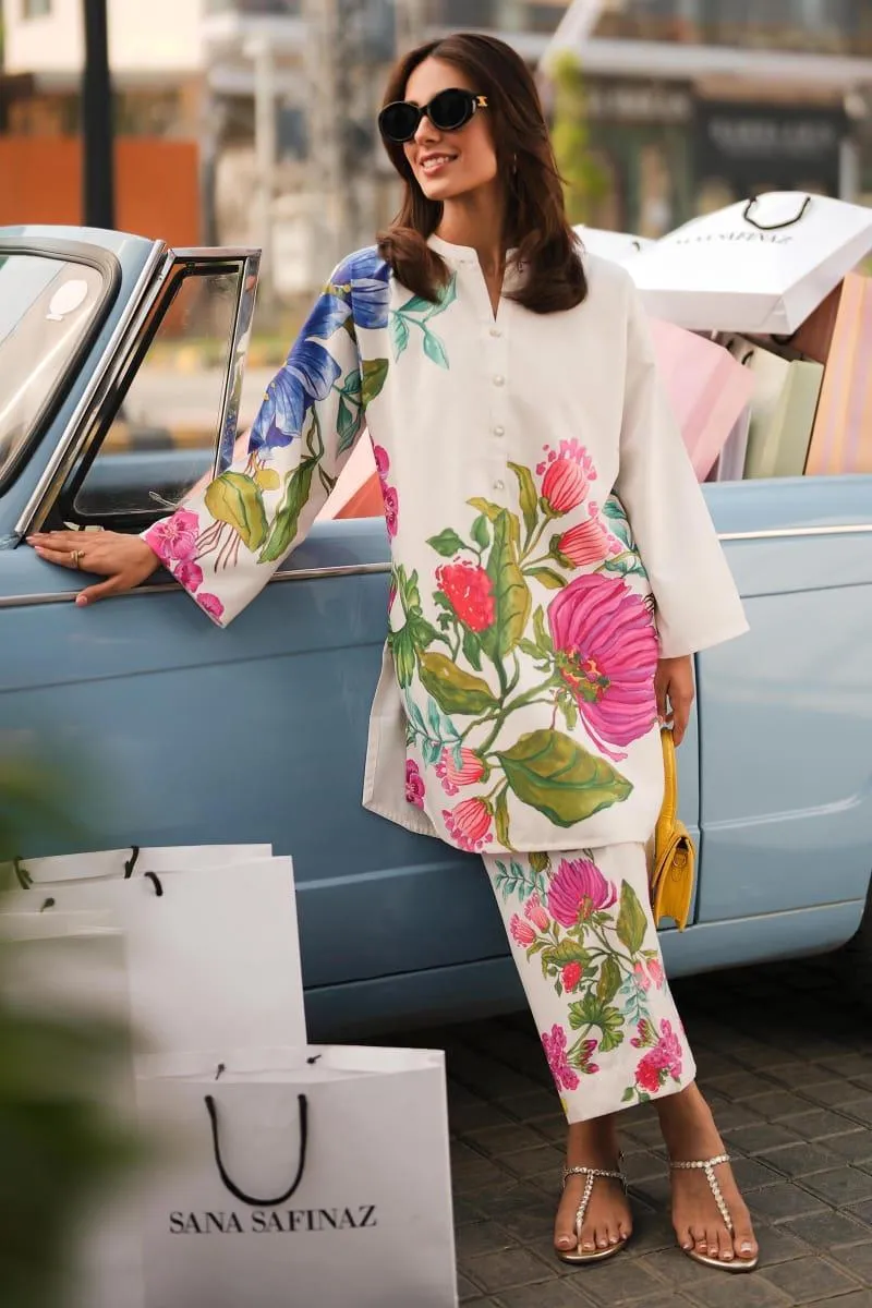 2 Pcs Women Georgette Printed Shirt & Trouser Set White Sana Safinaz Replica