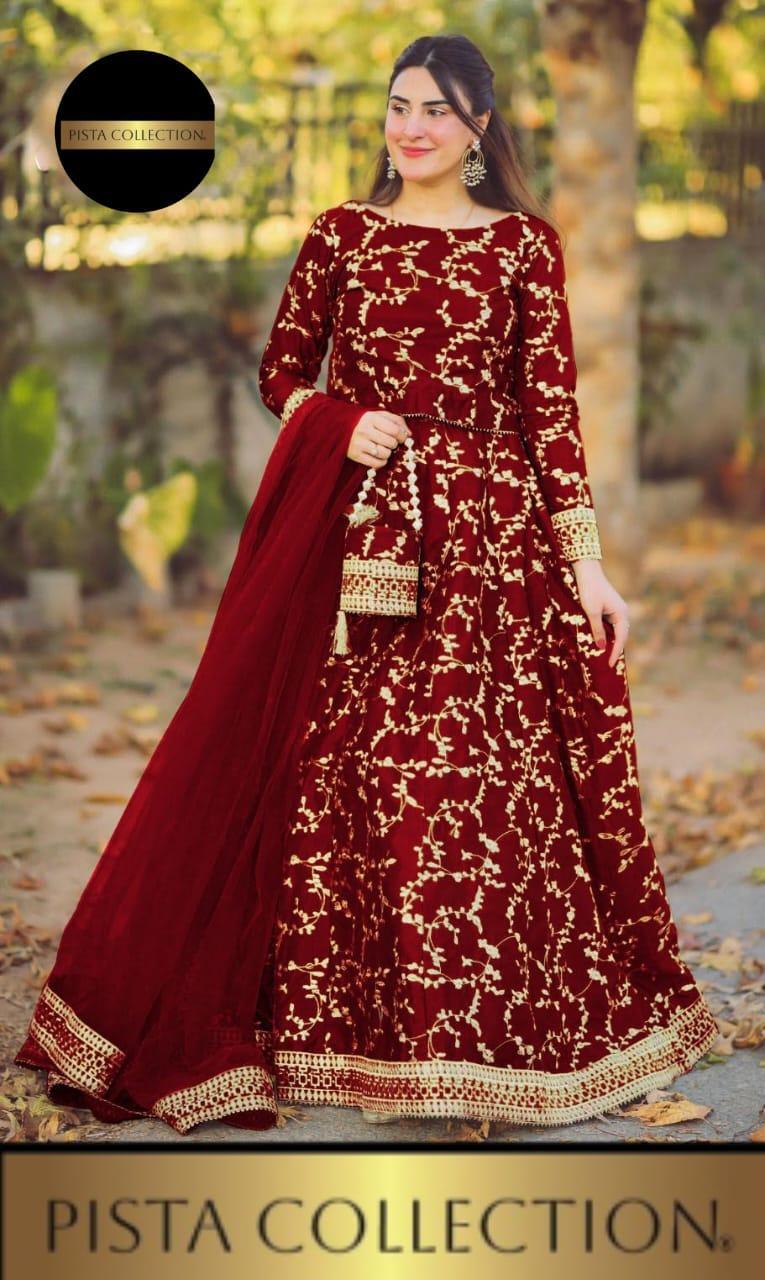 Exquisite Maroon Embroidered Silk Lehenga Set - 4 Pcs