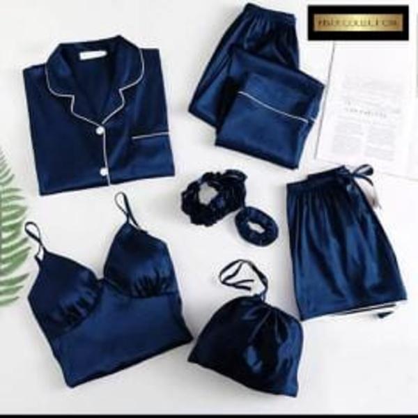 5 Pcs Women's Stitched Silk Plain Night Suit