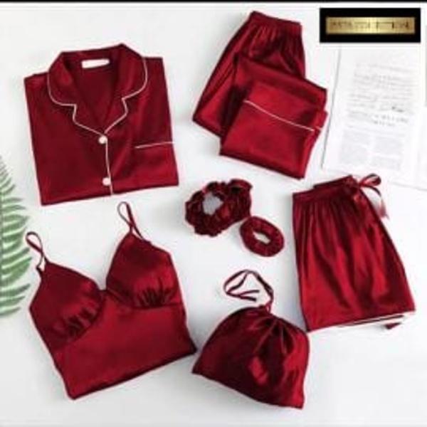 5 Pcs Women's Stitched Silk Plain Night Suit