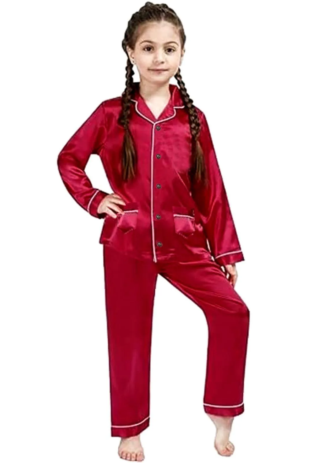 2 Pcs Girl's Stitched Nylon Plain Pajama And Shirt