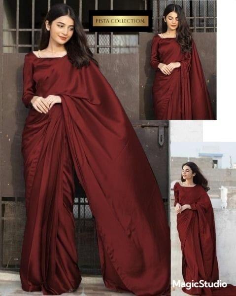 Stitched Saree in Luxurious Silk – 1 Pc Maroon Plain Design