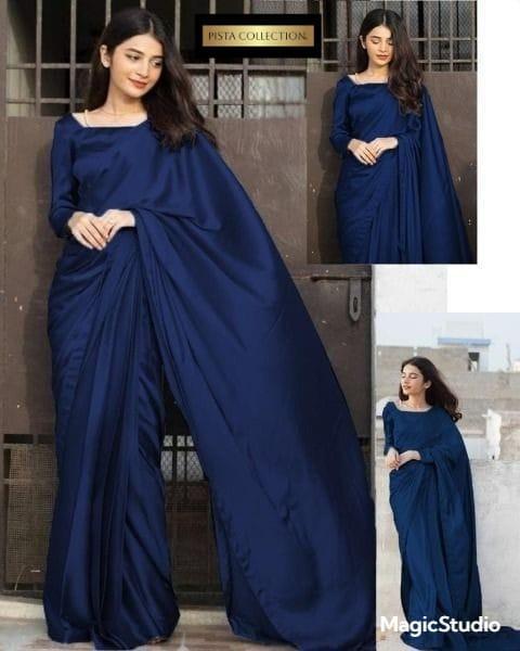 Stitched Saree in Blue Silk - 1 Pc Elegant Plain Design
