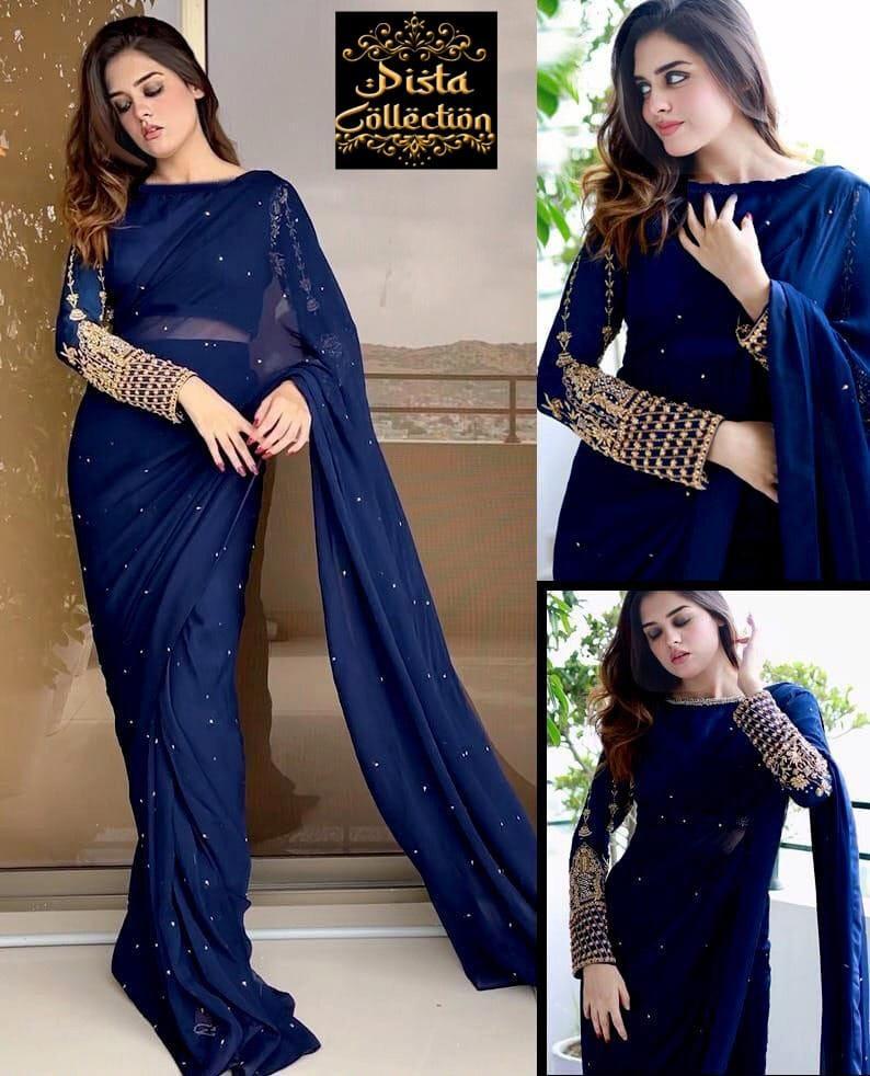 Exquisite Chiffon Stitched Saree - 1 Pc with Elegant Embroidered Design