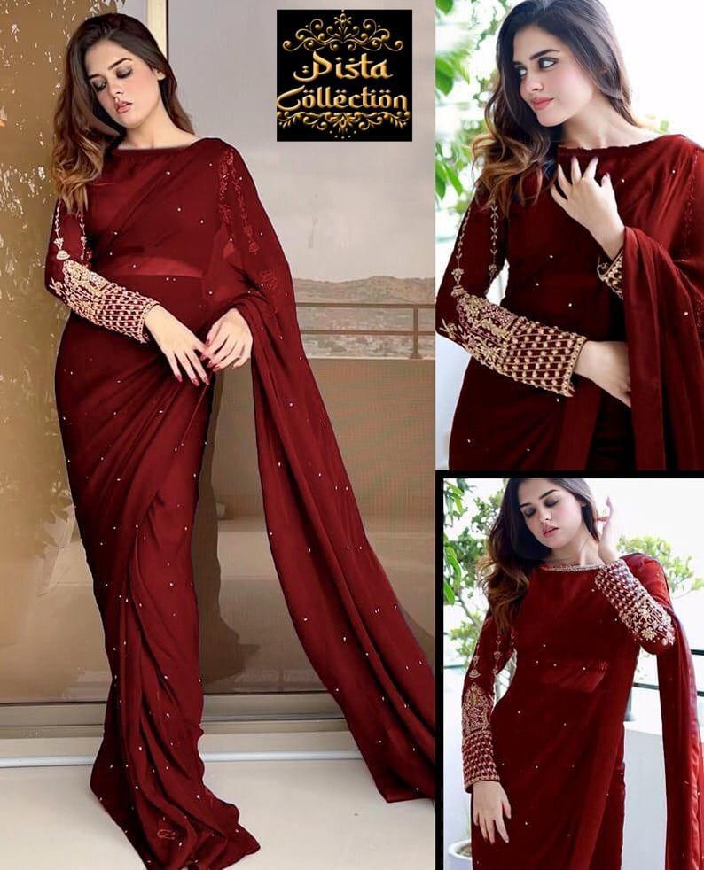 Exquisite Chiffon Stitched Saree - 1 Pc with Elegant Embroidered Design