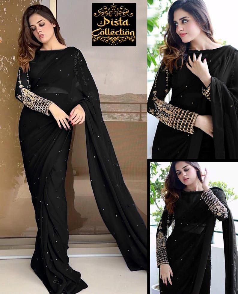Exquisite Chiffon Stitched Saree - 1 Pc with Elegant Embroidered Design