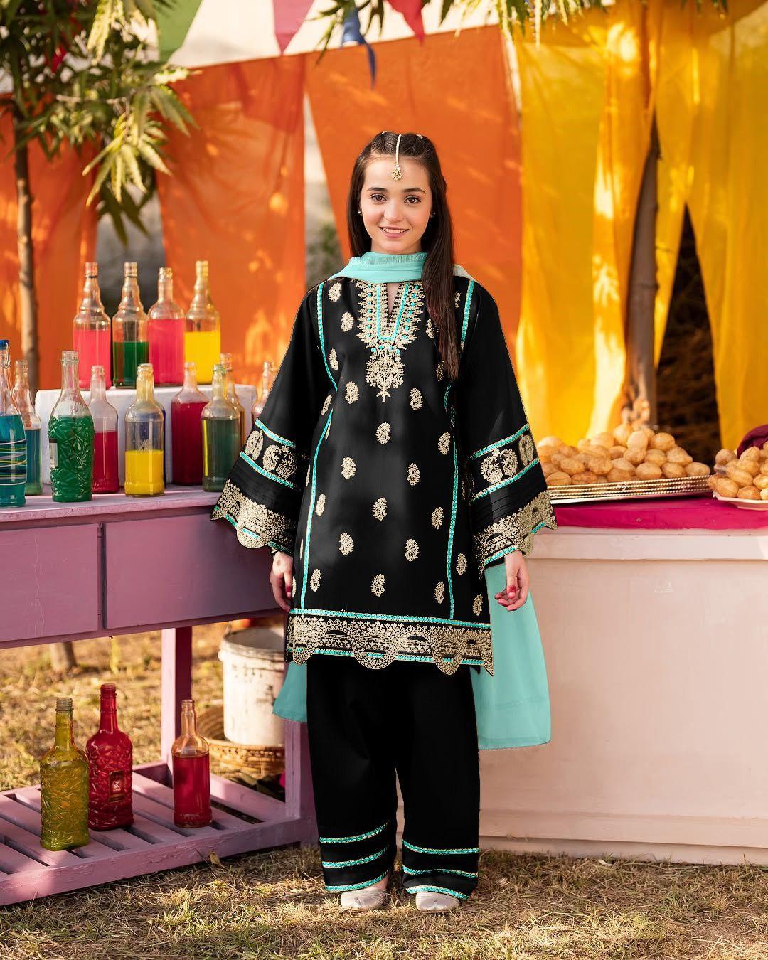 3 Pcs Girl's Silk Embroidered Shirt And Trouser Suit