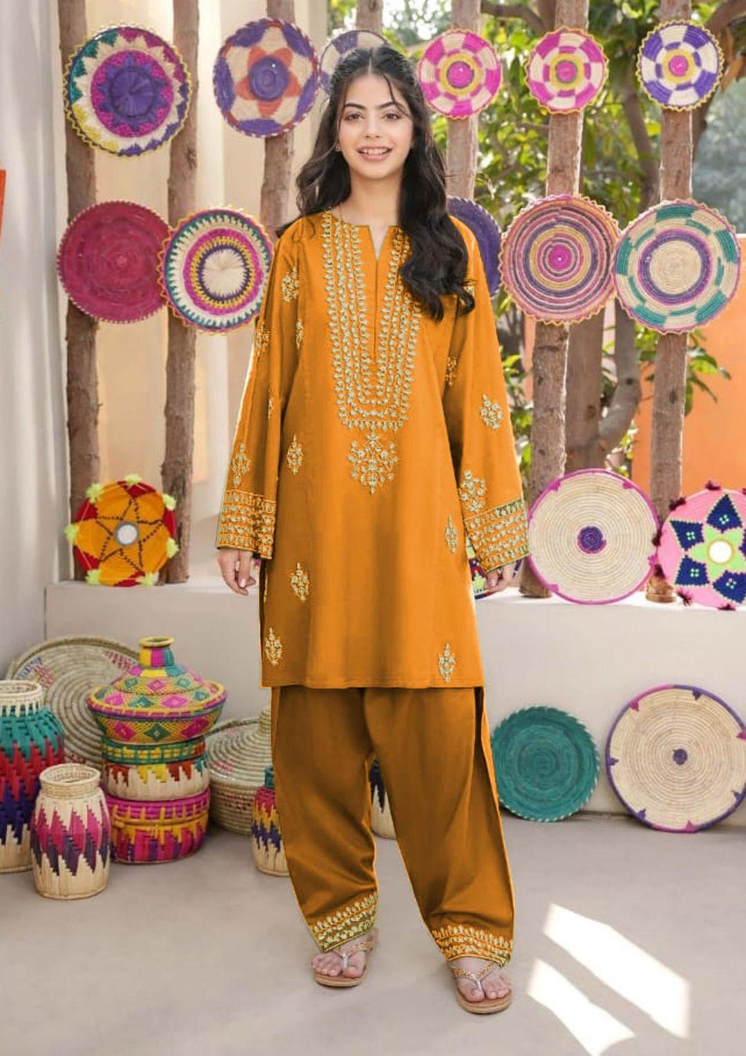2 Pcs Girl's Silk Embroidered Kurta And Pajama
