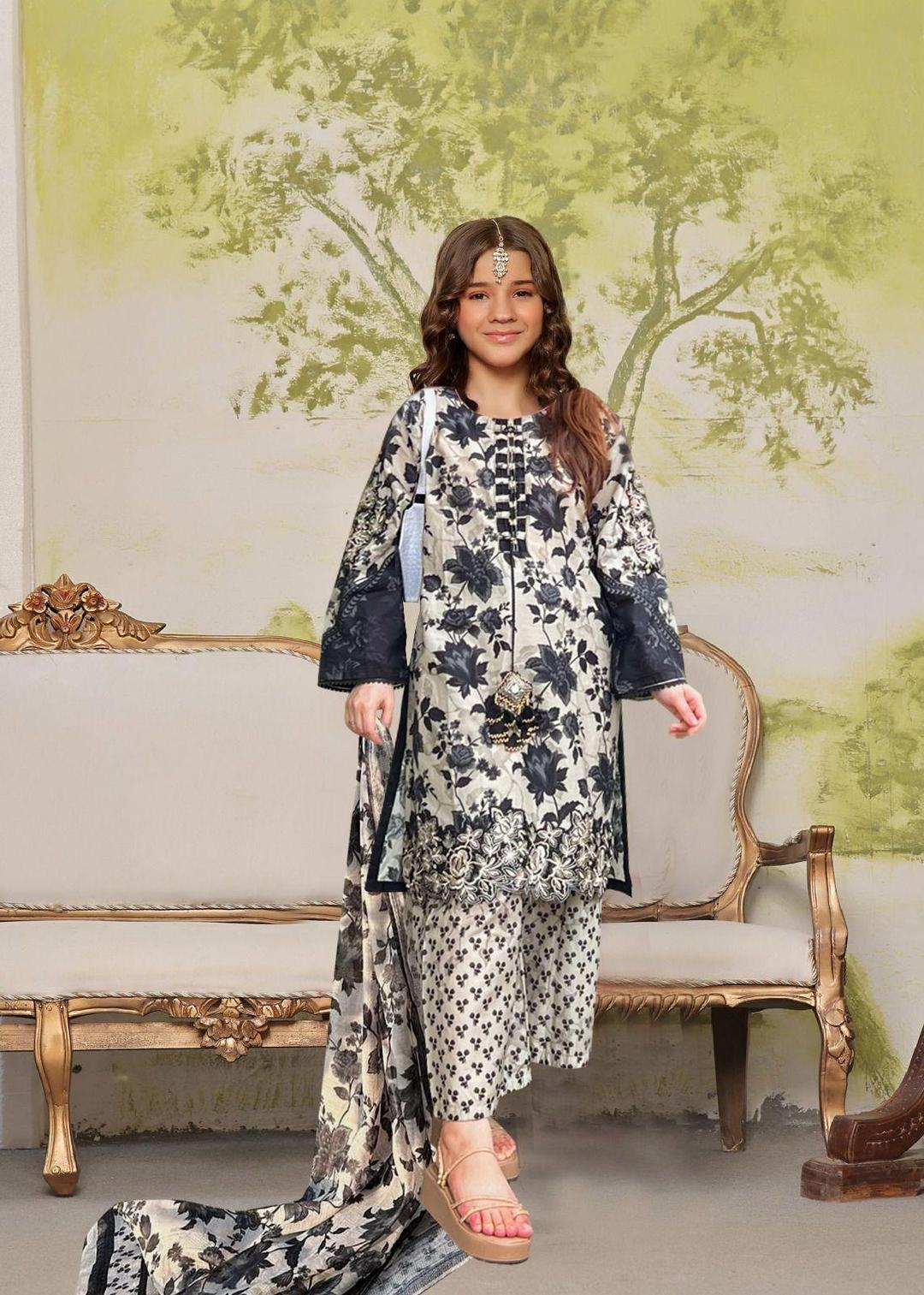 3 Pcs Girl's Lawn Printed Kurta And Shalwar Suit