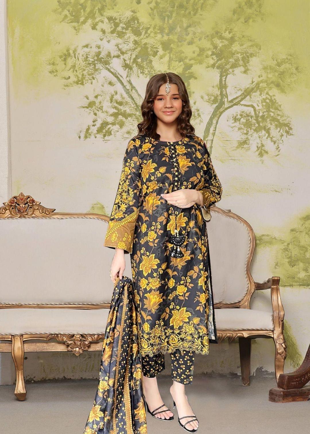 3 Pcs Girl's Lawn Printed Kurta And Shalwar Suit