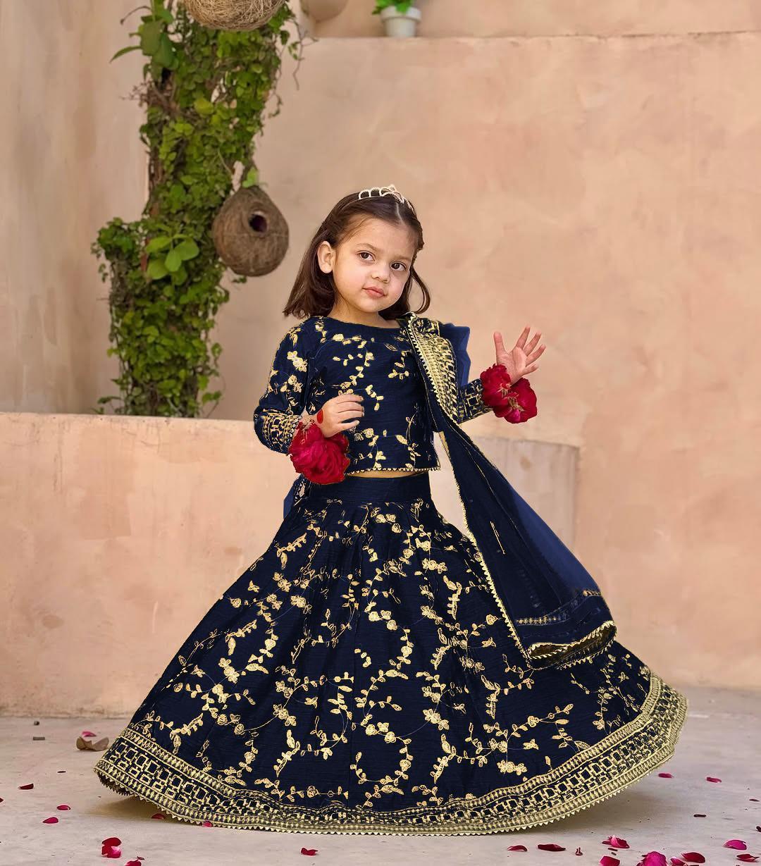 3 Pcs Girl's Silk Embroidered Shirt And Skirt Set