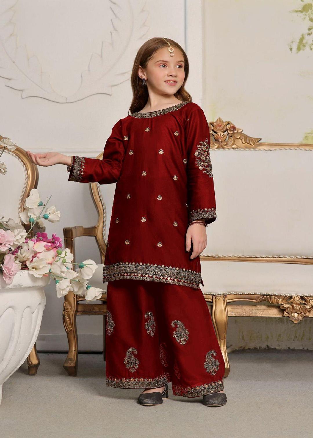 Maroon Silk Embroidered Kurta And Pajama Set for Girls - 2 Pcs